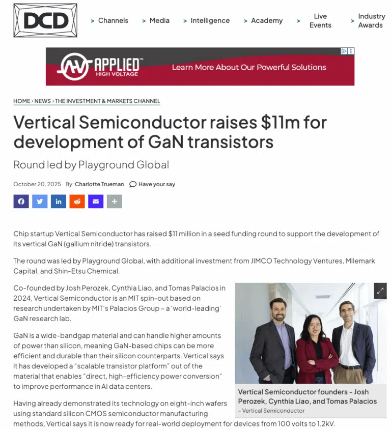 Significant Media Coverage for the Debut of Vertical Semiconductor